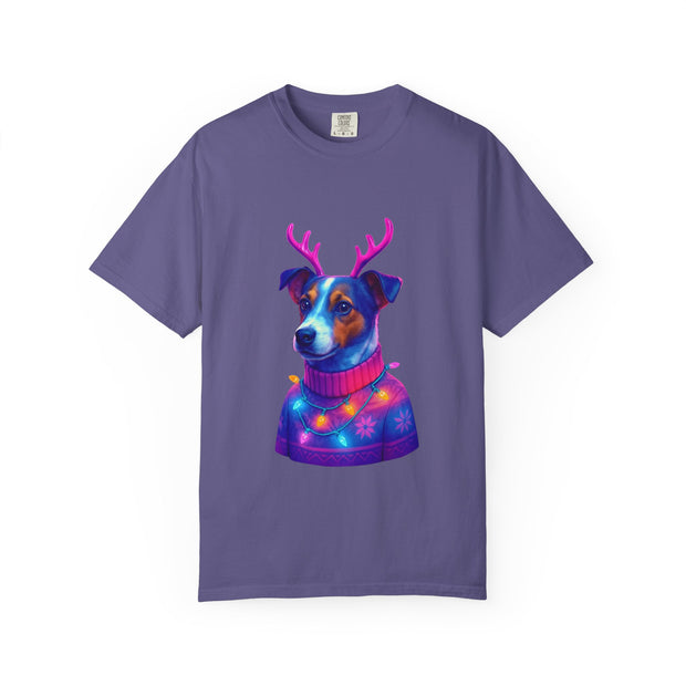 Jack Russell in Reindeer Sweater T-shirt | Neon Holiday Dog Design