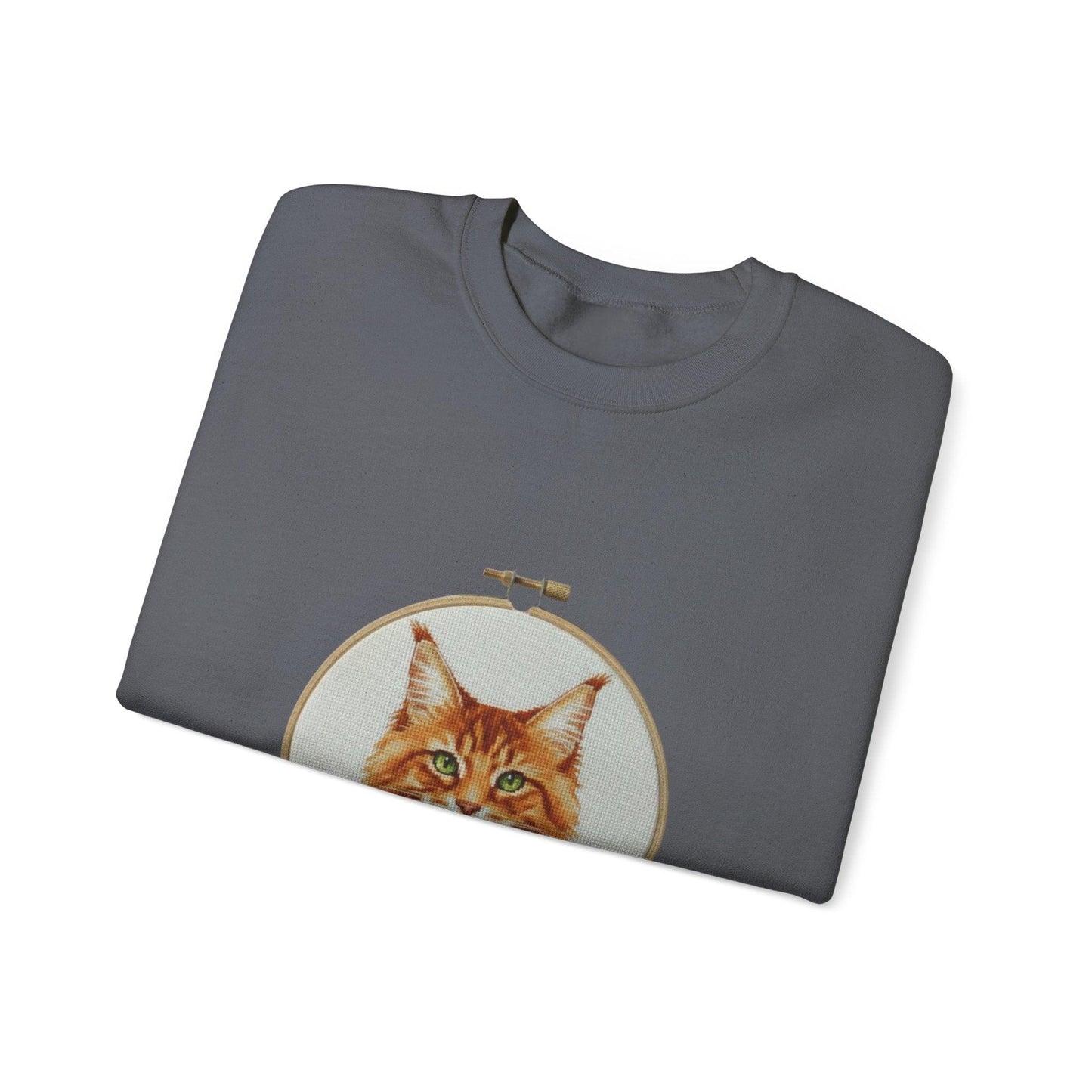 Orange Tabby Cat Sweatshirt, Cat Mom Gift, Cross Stitch Cat Portrait, Embroidery Hoop Floral Crewneck