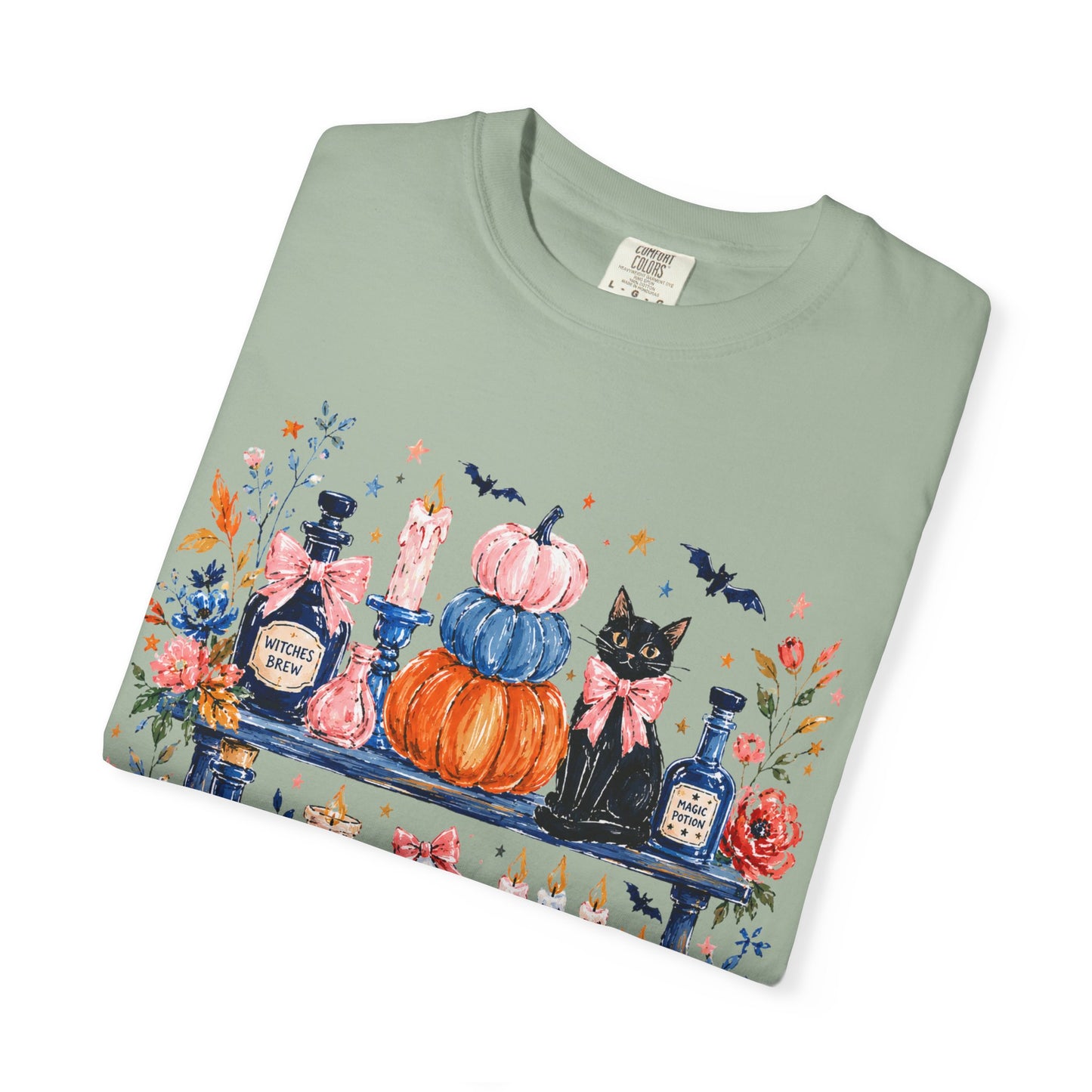Autumn Apothecary Illustration T-shirt | Pumpkins, Black Cat, Potion Bottles