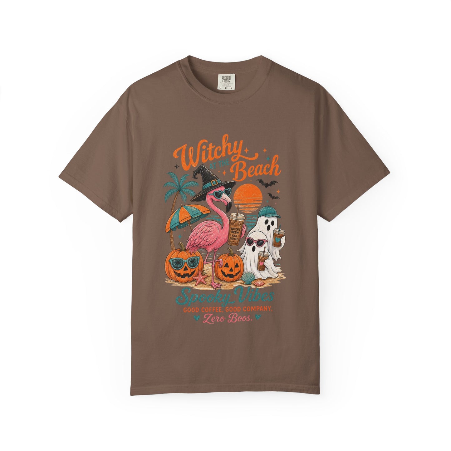 Witchy at the Beach T-shirt | Spooky Vibes Halloween Flamingo Design