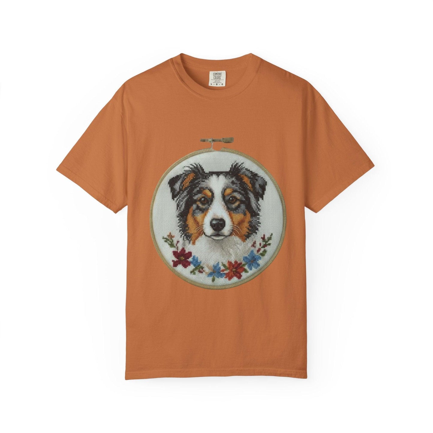 Australian Shepherd Portrait T-shirt | Embroidery Hoop Floral Design