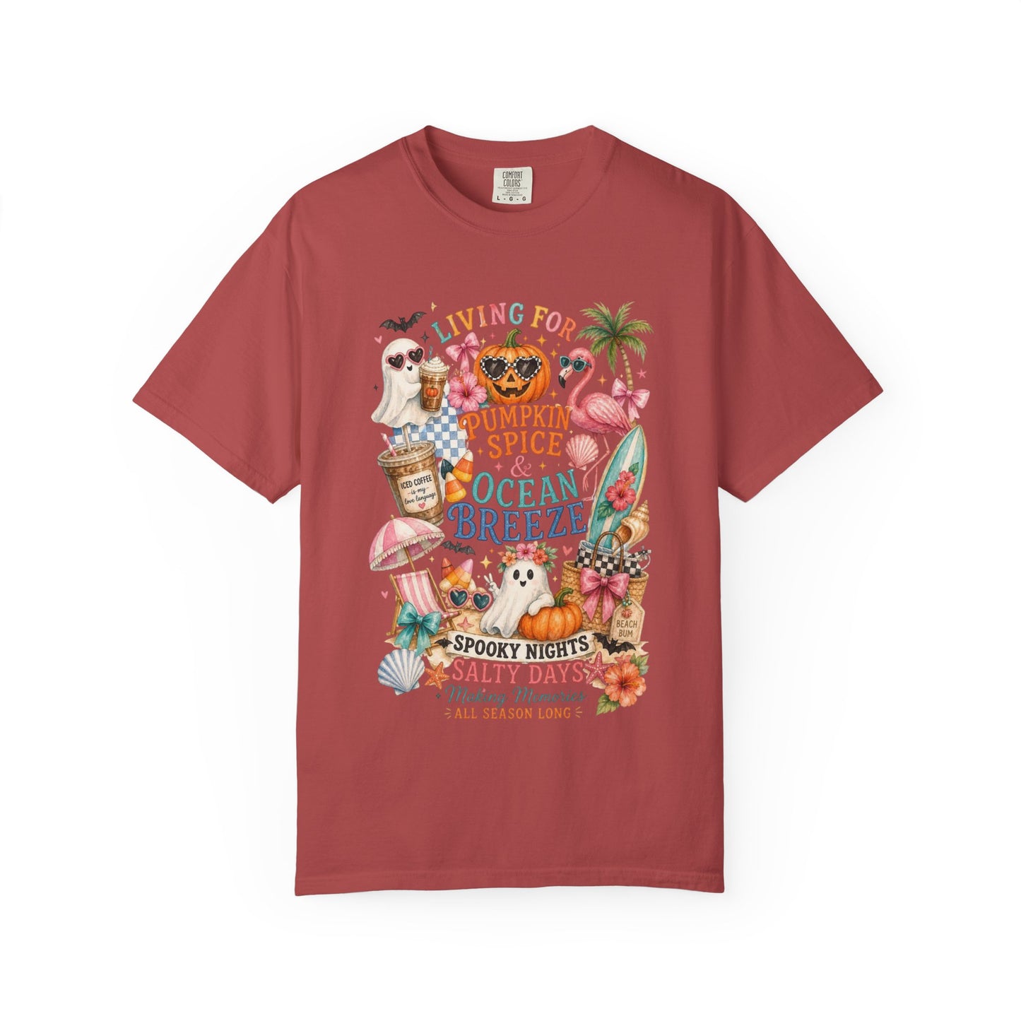Pumpkin Spice & Ocean Breeze T-Shirt, Summerween Flamingo Shirt, Halloween Beach Tee, Tropical Spooky Season Graphic, Fall Vacation Shirt