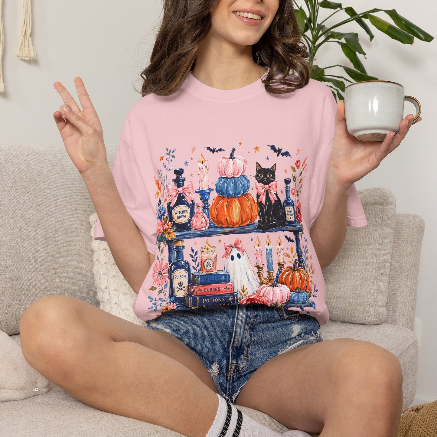 Autumn Apothecary Illustration T-shirt | Pumpkins, Black Cat, Potion Bottles