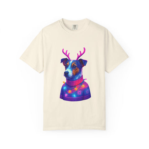 Jack Russell in Reindeer Sweater T-shirt | Neon Holiday Dog Design