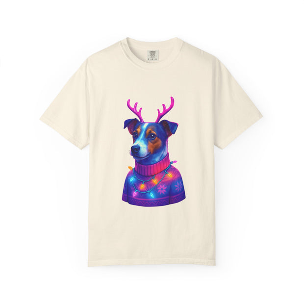 Jack Russell in Reindeer Sweater T-shirt | Neon Holiday Dog Design
