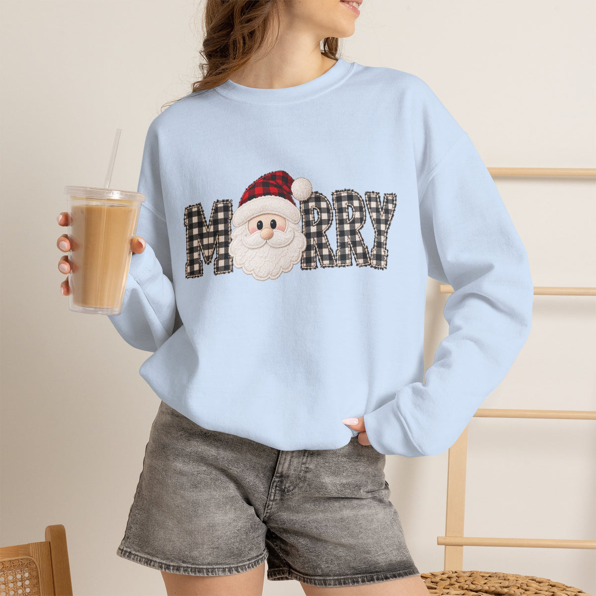 Merry Christmas Sweatshirt, Santa Christmas Crewneck, Plaid Holiday Sweater, Cute Santa Shirt, Cozy Christmas Gift for Her