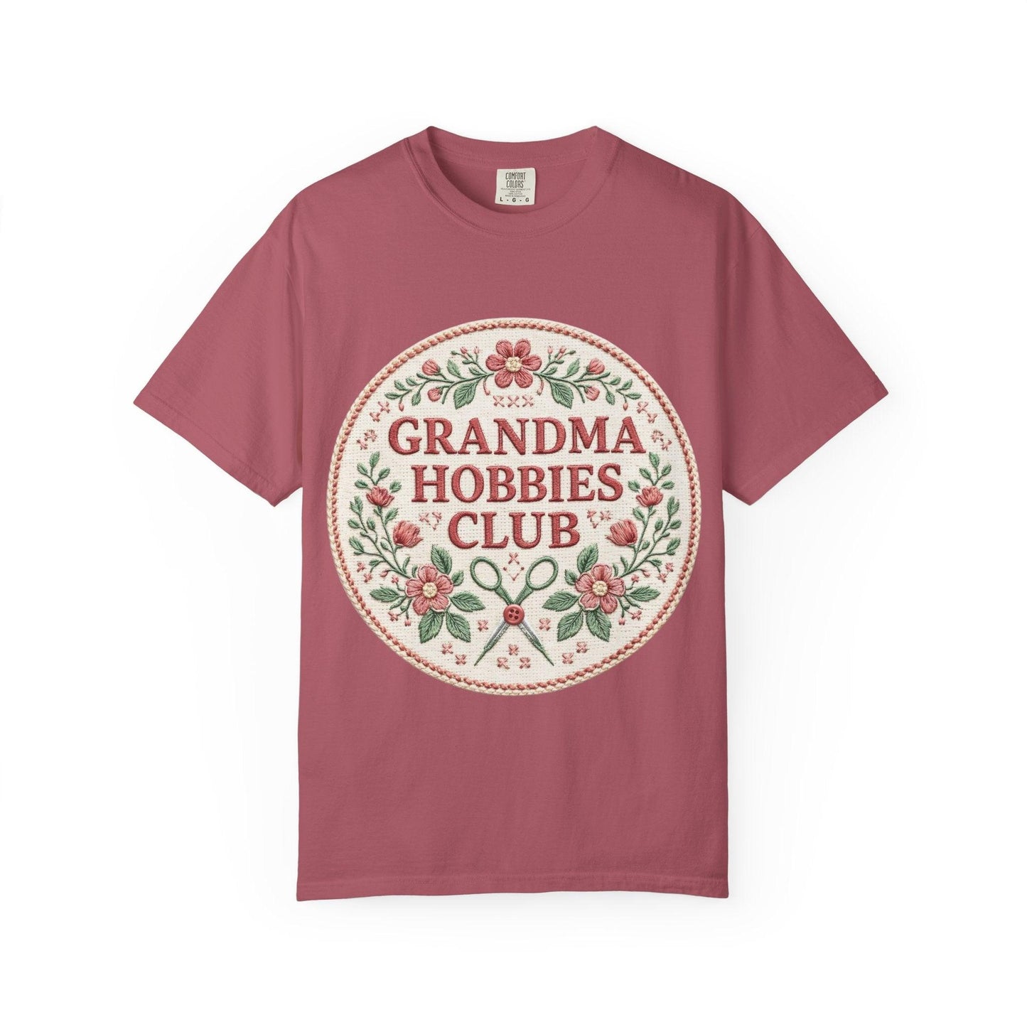 Grandma Hobbies Club T-shirt | Floral Needlework Scissors Embroidery Design