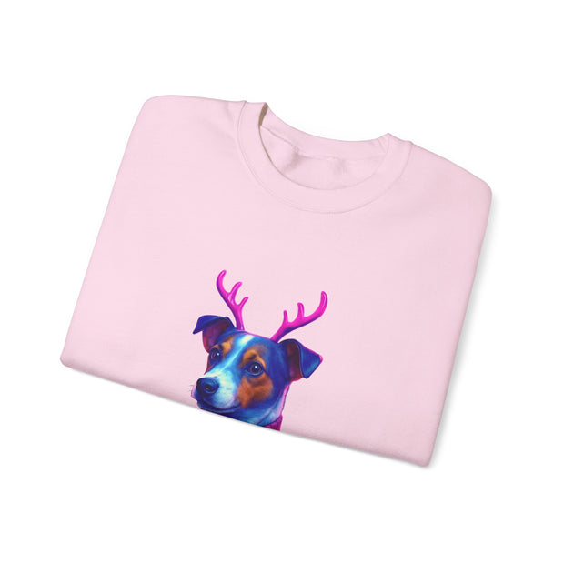Neon Jack Russell in Reindeer Antlers Sweatshirt | Holiday Pet Portrait