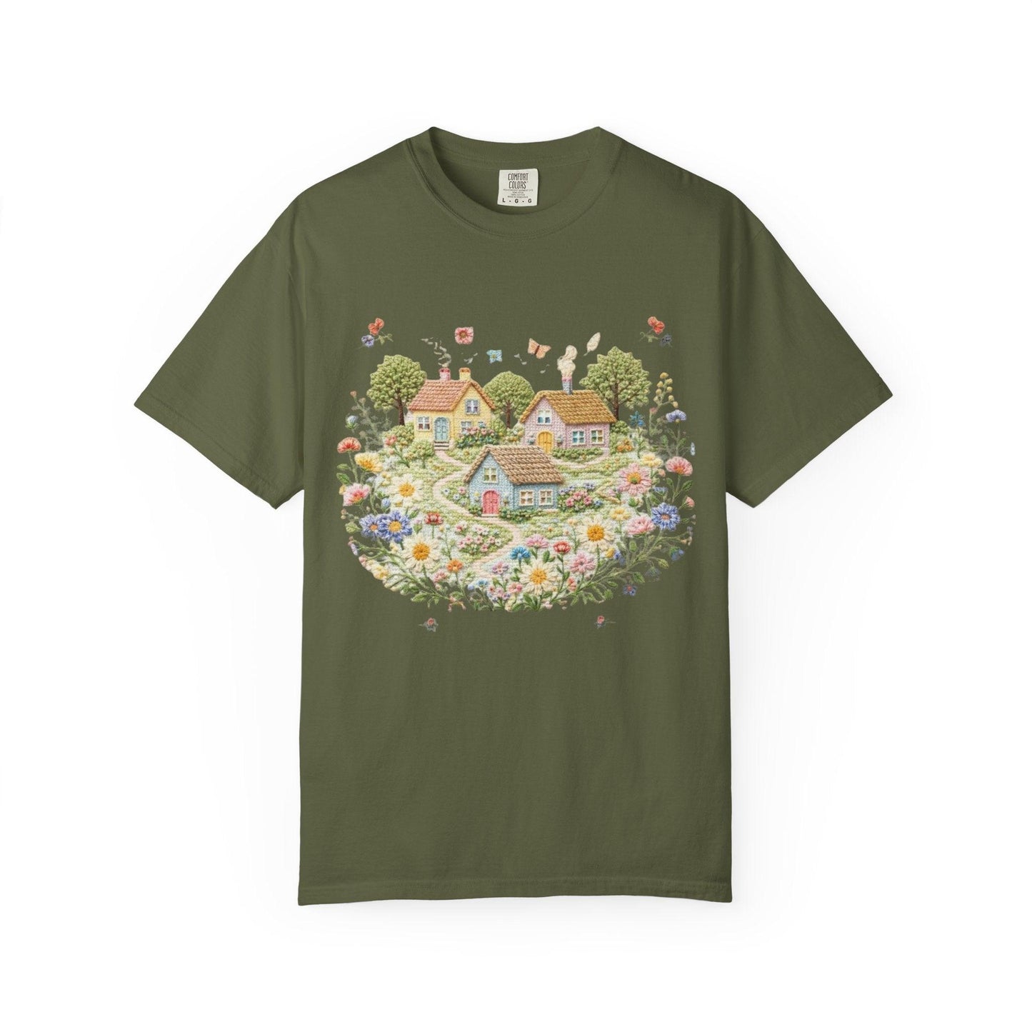 Cottage Garden Landscape T-shirt | Floral Village Illustration