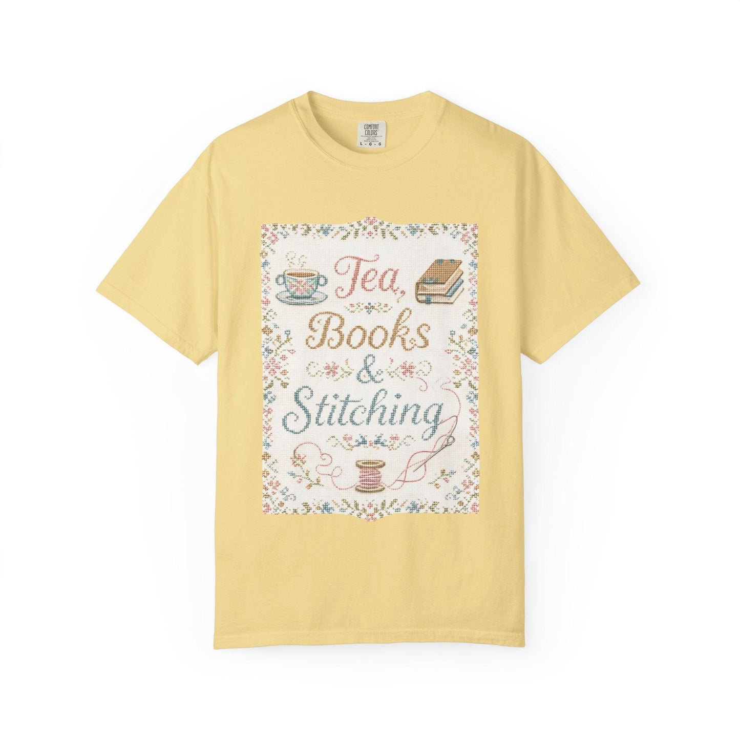 Tea Books & Stitching T-shirt | Reading, Sewing, Cozy Hobby Design