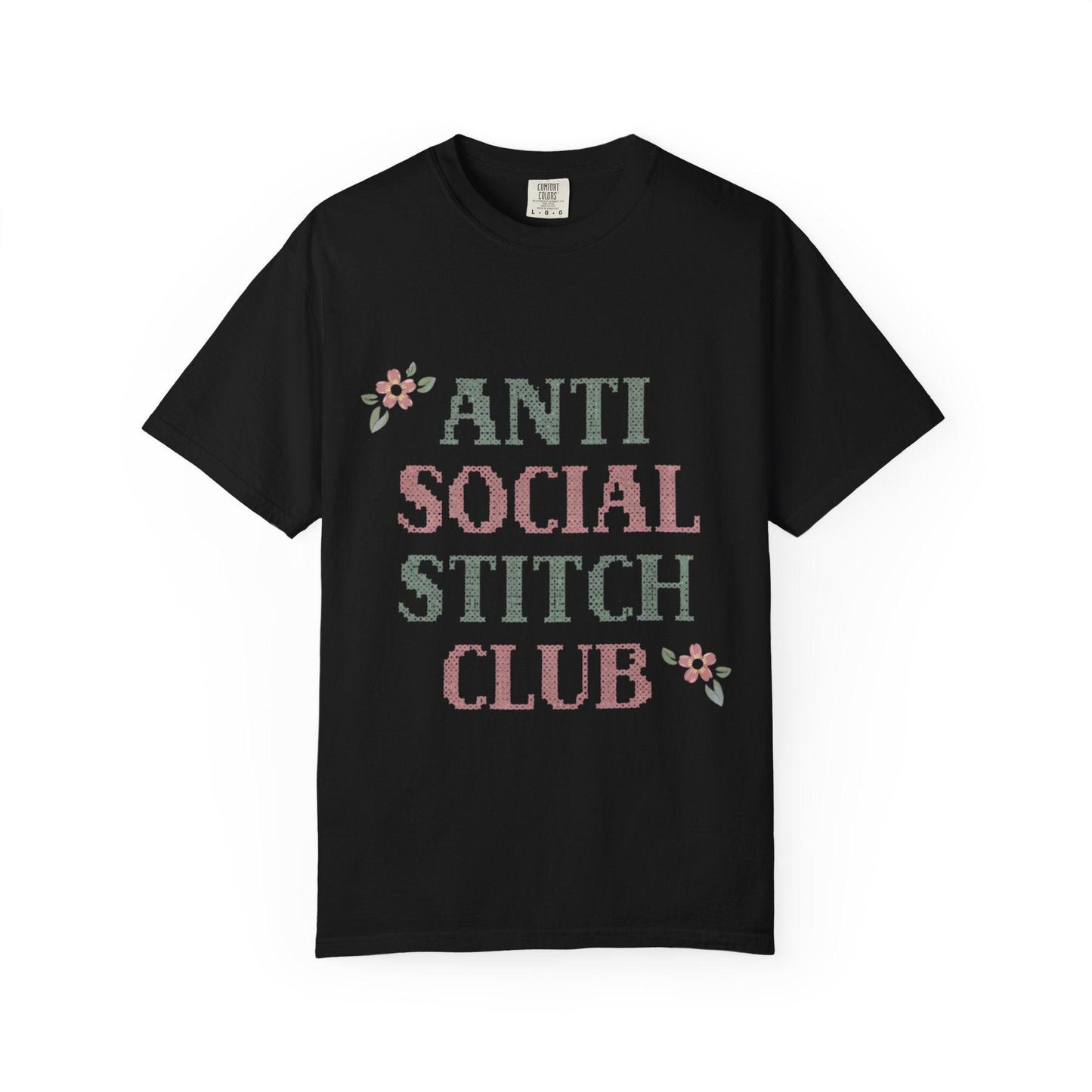 Anti Social Stitch Club T-shirt | Cross Stitch Floral Text Design