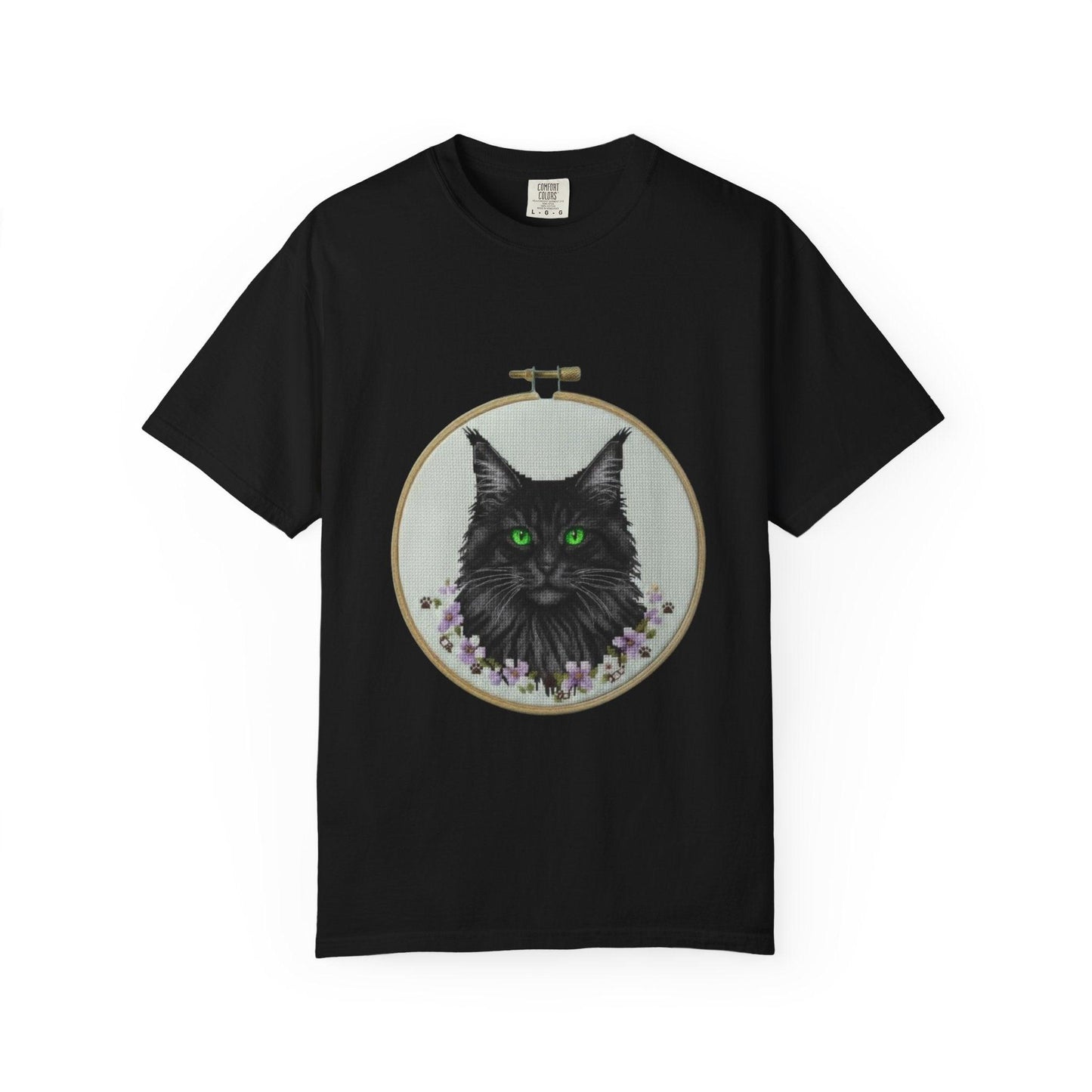 Black Cat Portrait T-Shirt | Embroidery Hoop Art, Green Eyes