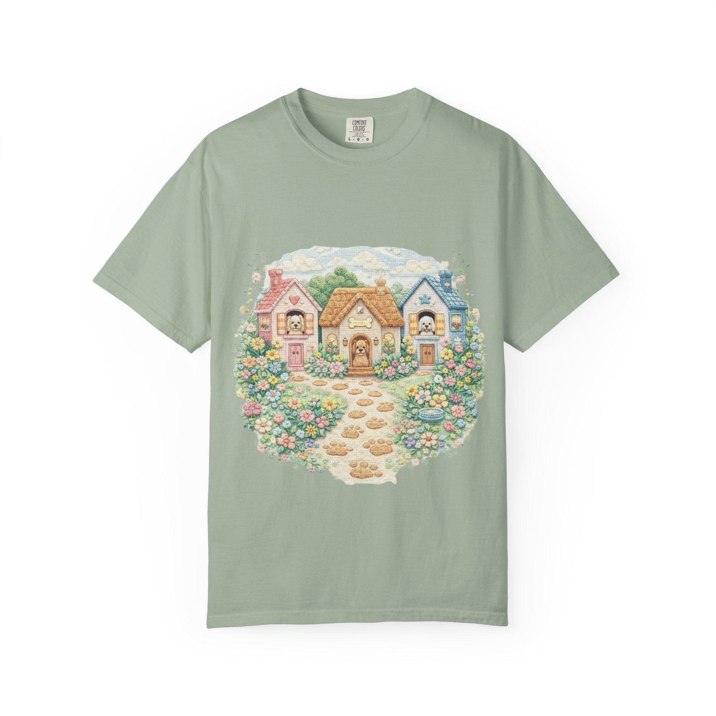 Cute Cottage Row illustration T-shirt | pastel village floral path