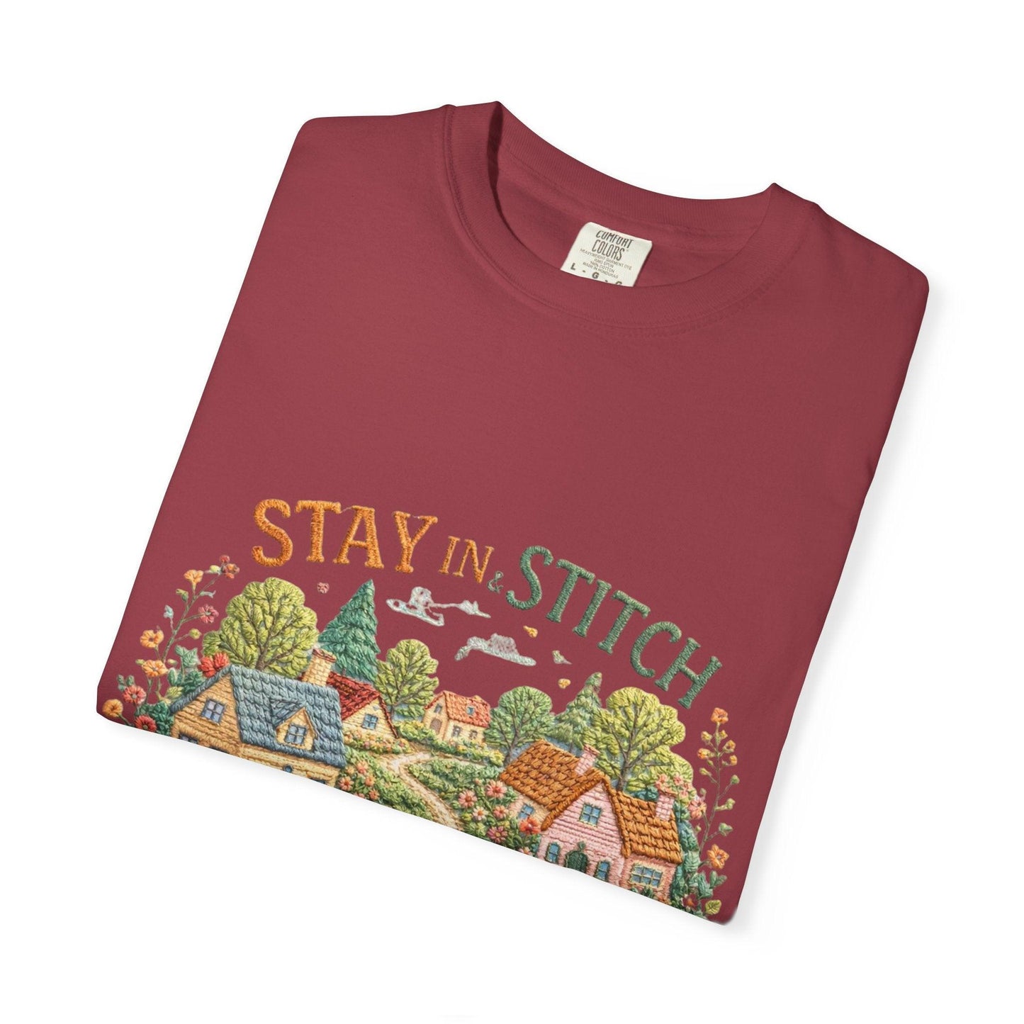 Stay In and Stitch Shirt, Cottagecore Sewing Tee, Grandma Hobbies Top, Vintage Cross Stitch Floral Village