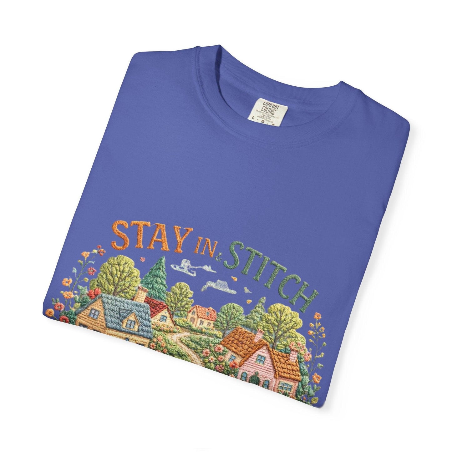 Stay In and Stitch Shirt, Cottagecore Sewing Tee, Grandma Hobbies Top, Vintage Cross Stitch Floral Village