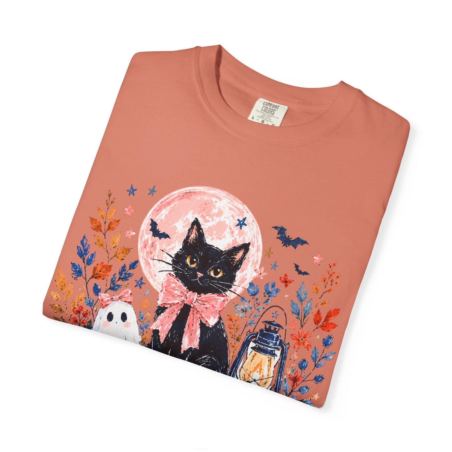 Black Cat with Pumpkins T-shirt | Halloween Moon Lantern Floral Design