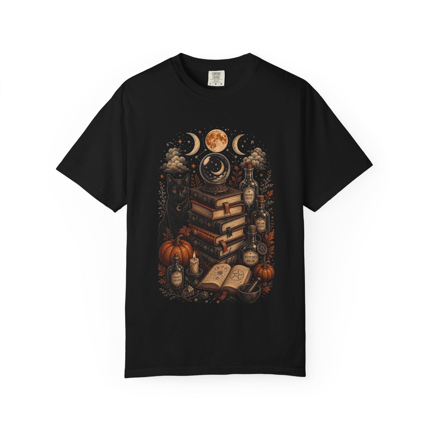 Witchy Book Stack T-shirt | Black Cat, Pumpkins, Moon Phases