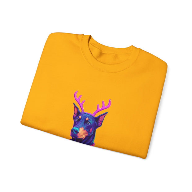 Vibrant Doberman Antlers Sweatshirt, Quirky Animal Crewneck, Cozy Holiday Gift, Fun Winter Apparel, Casual Style Top