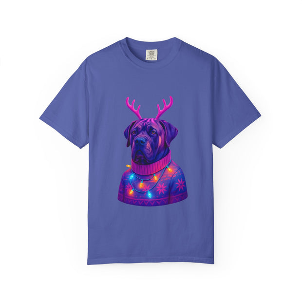 Neon English Mastiff Dog with Antlers T-Shirt | Christmas Sweater Lights Design