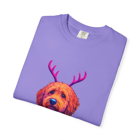 Golden Doodle in Reindeer Antler Sweater T-Shirt | Holiday Dog Portrait