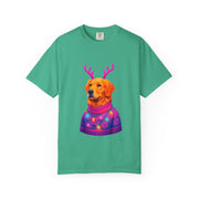 Golden Retriever with Antlers sweater T-Shirt | Neon Holiday Dog Design