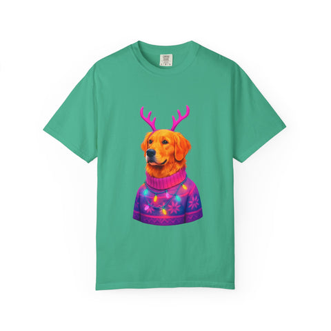 Golden Retriever with Antlers sweater T-Shirt | Neon Holiday Dog Design