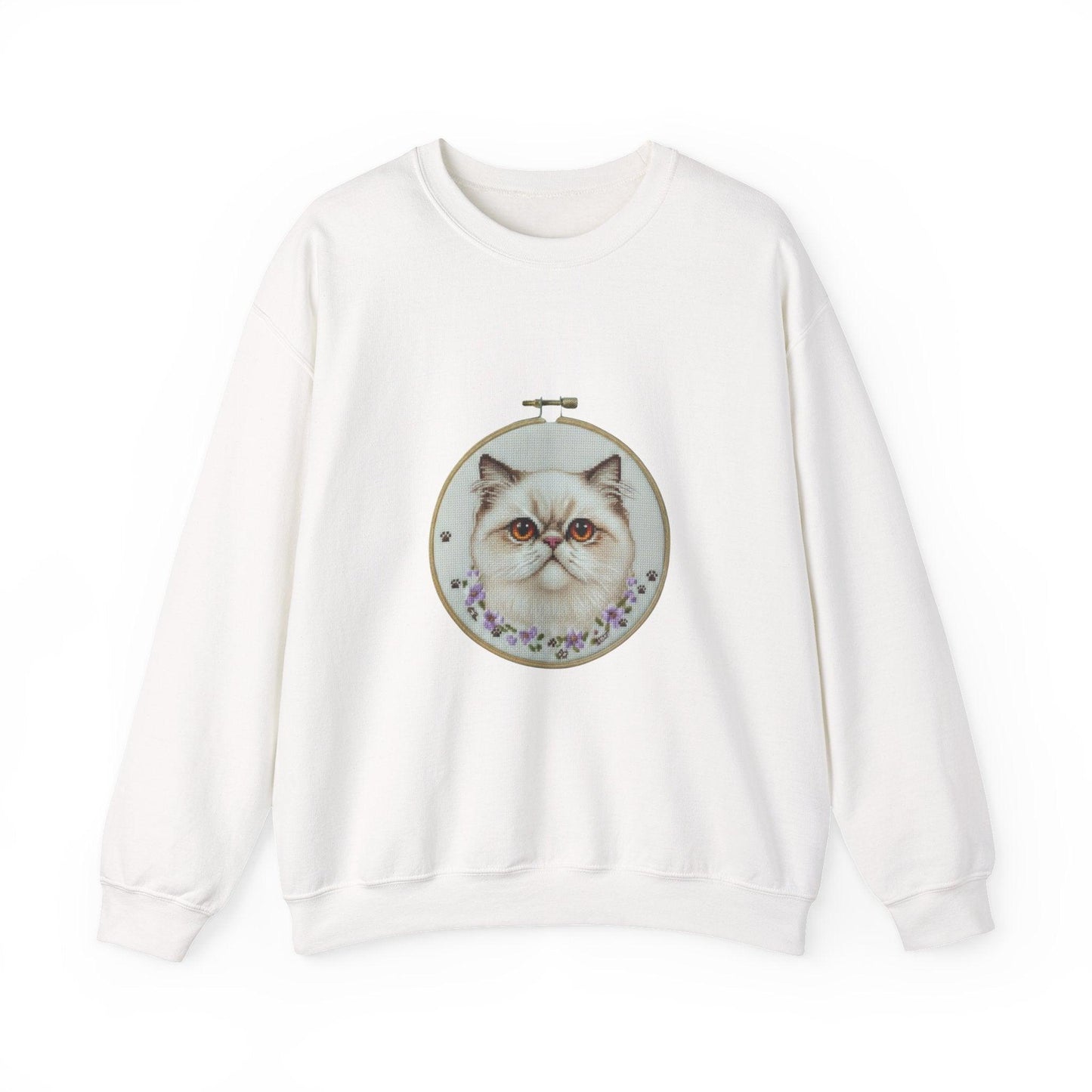 Grumpy Persian Cat Portrait Crewneck sweatshirt | Floral Embroidery Hoop Art
