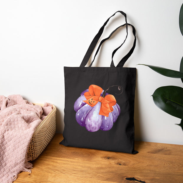 Purple Pumpkin Wrapped In A Bow Cotton Canvas Tote Bag