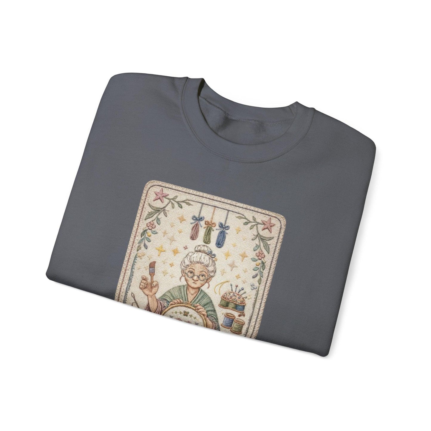 The Crafter illustration Crewneck Sweatshirt | Vintage craft tools, floral frame