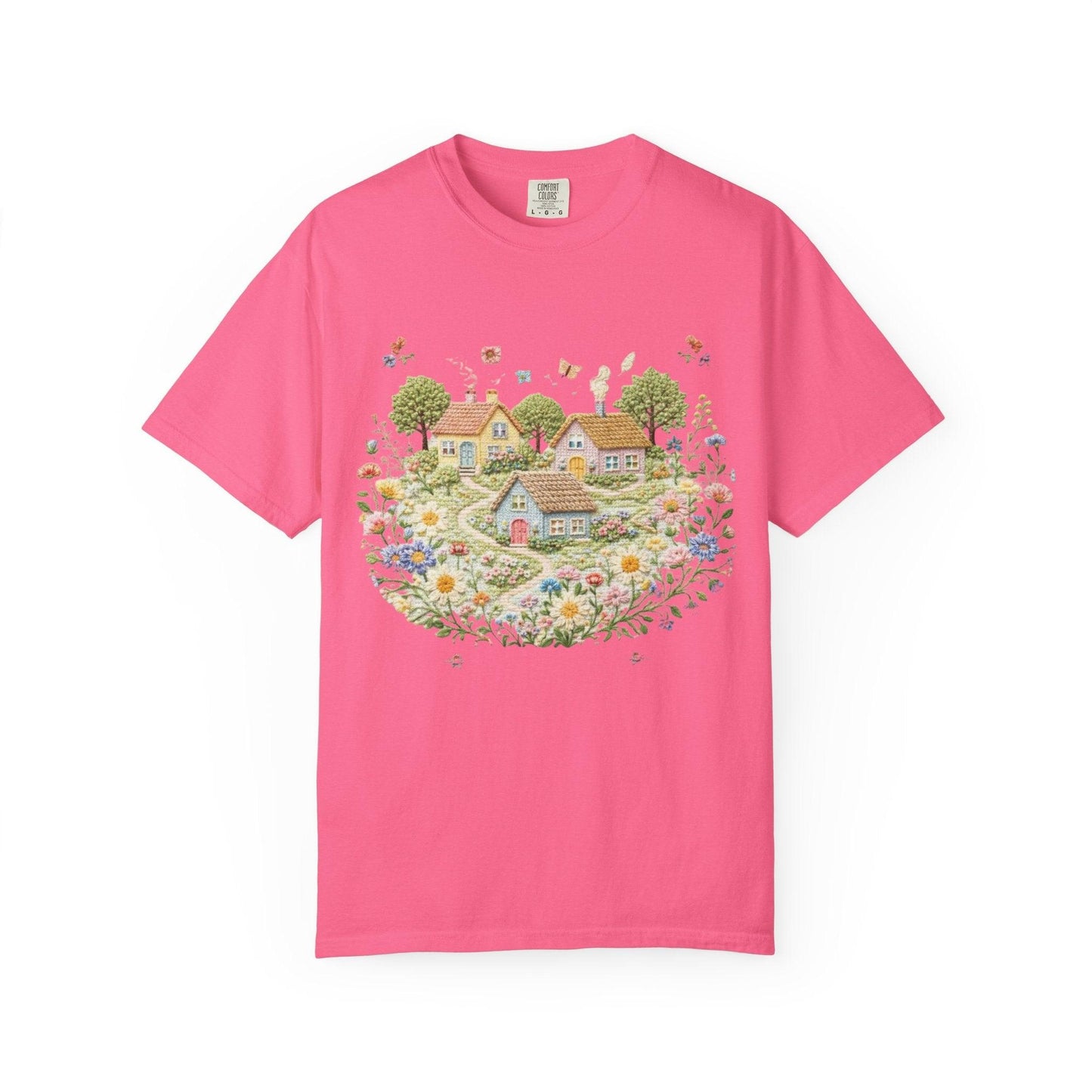 Cottage Garden Landscape T-shirt | Floral Village Illustration