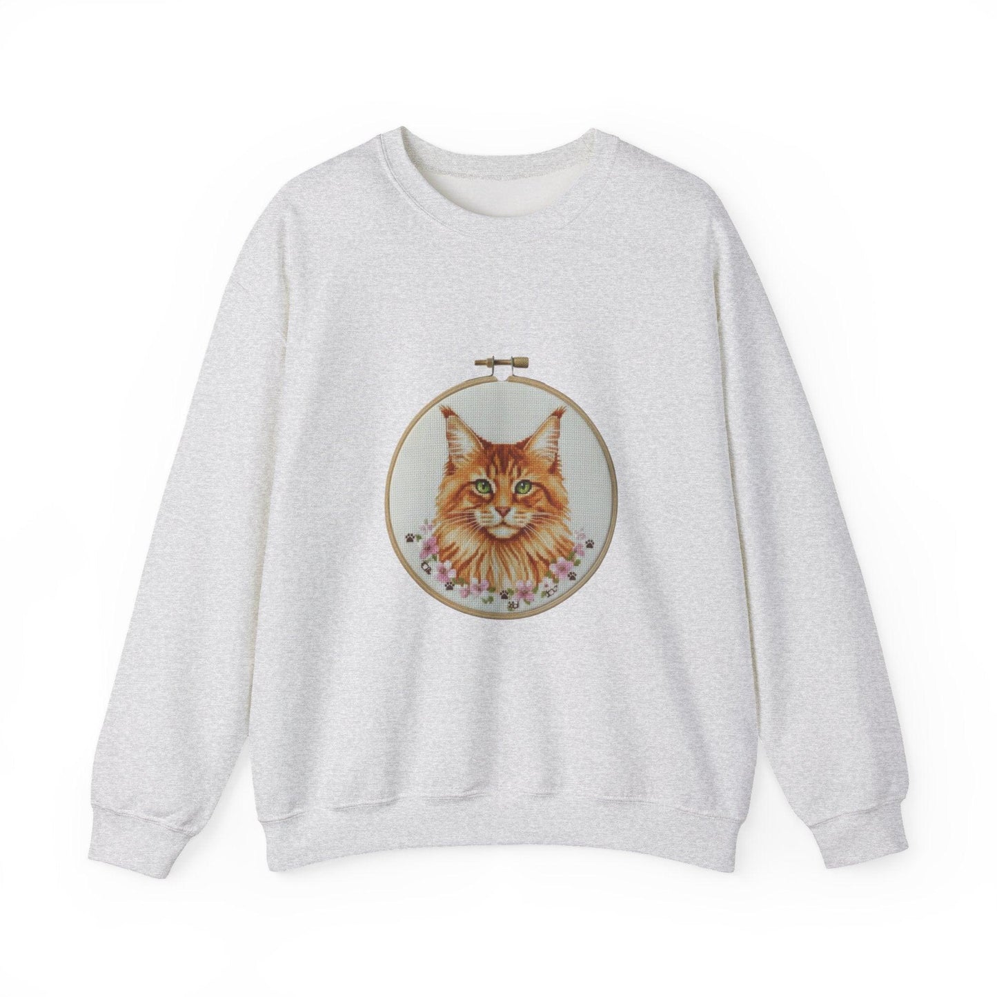 Orange Tabby Cat Sweatshirt, Cat Mom Gift, Cross Stitch Cat Portrait, Embroidery Hoop Floral Crewneck