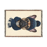 French Bulldog in Beanie Woven Blanket | Cozy Dog Throw, Winter Puppy Home Decor