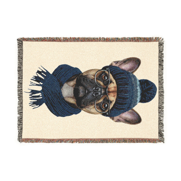 French Bulldog in Beanie Woven Blanket | Cozy Dog Throw, Winter Puppy Home Decor
