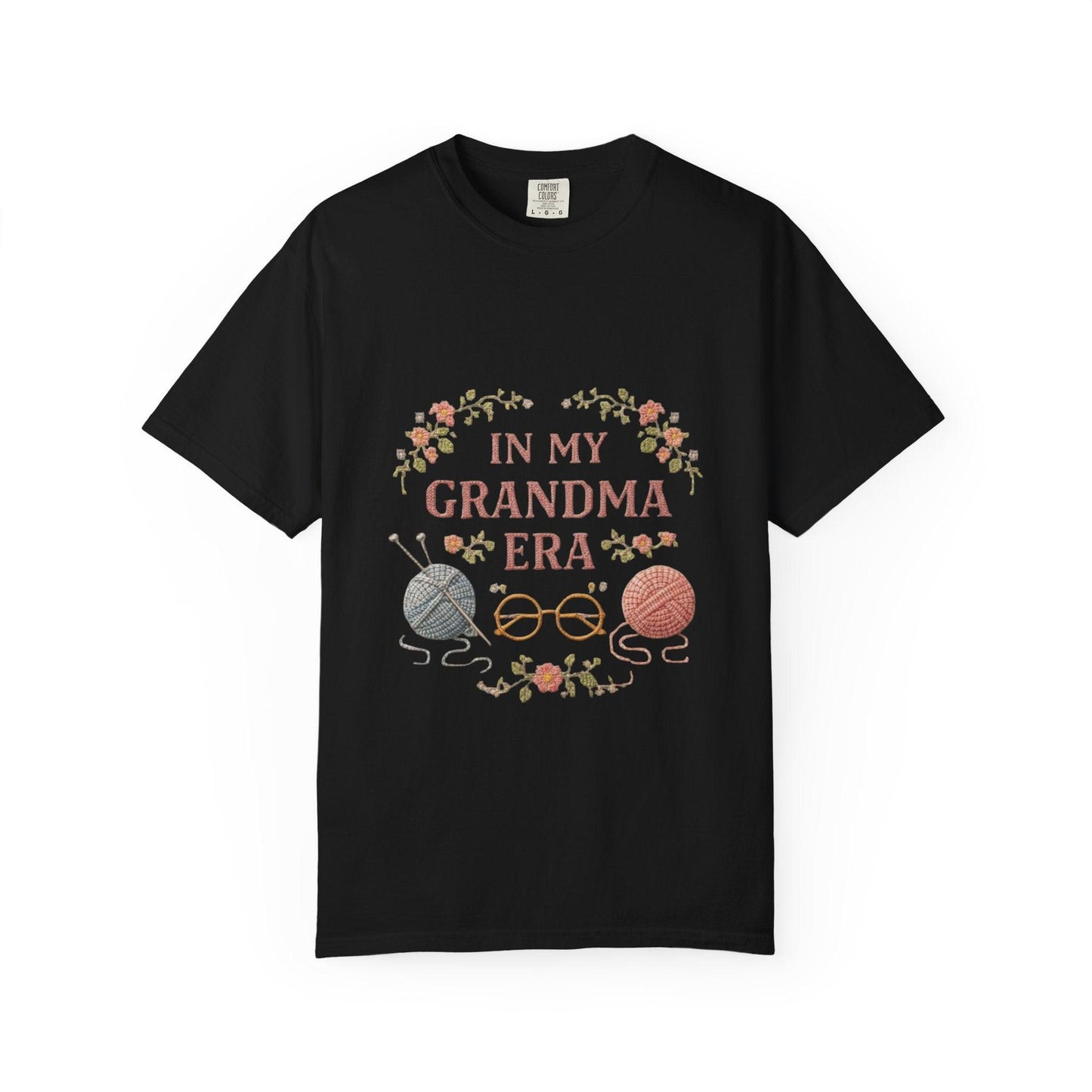 In My Grandma Era knitting balls glasses T-shirt | vintage floral knit design