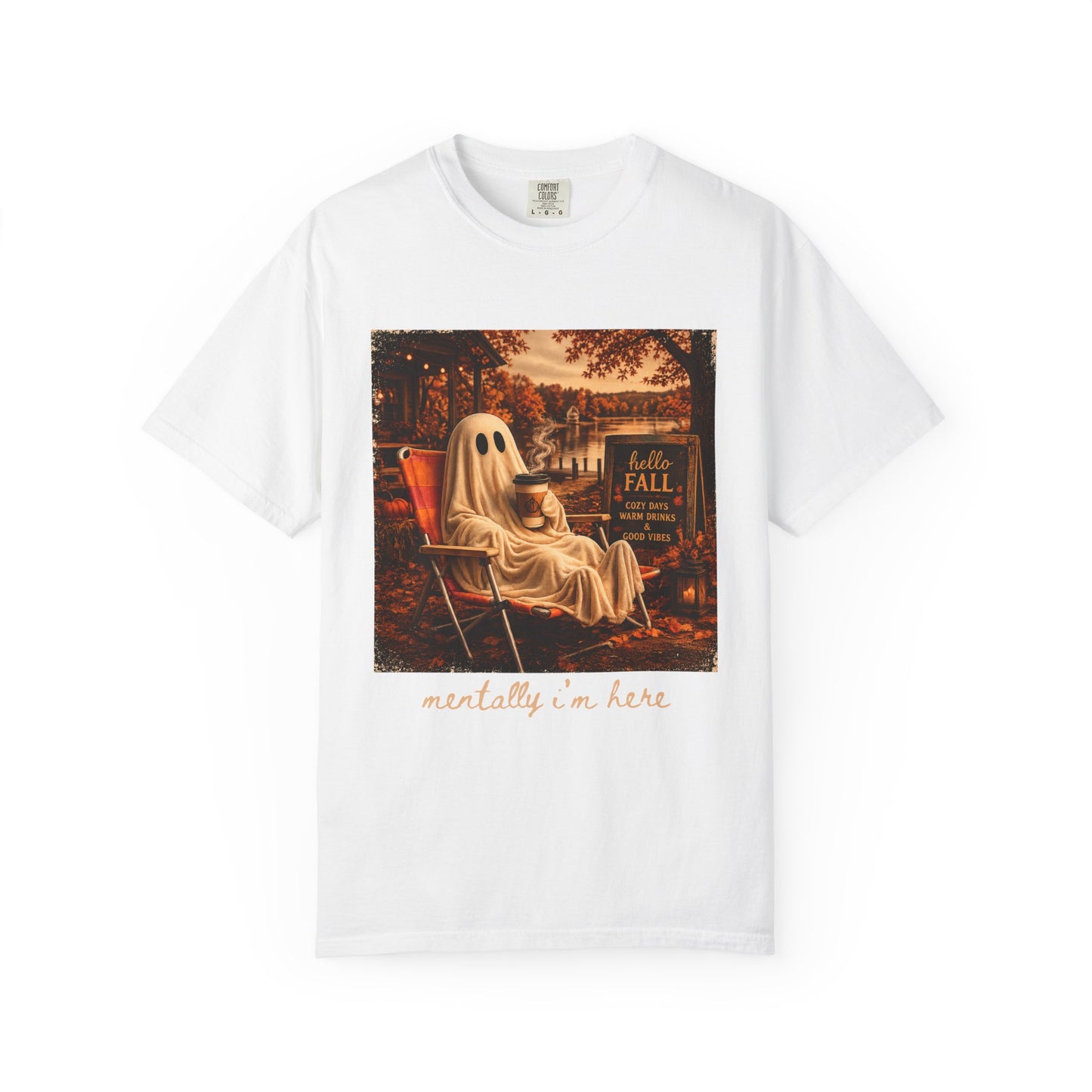 Cozy Ghost in Chair Fall T-shirt | Autumn Leaves, Retro Halloween Scene, Summerween