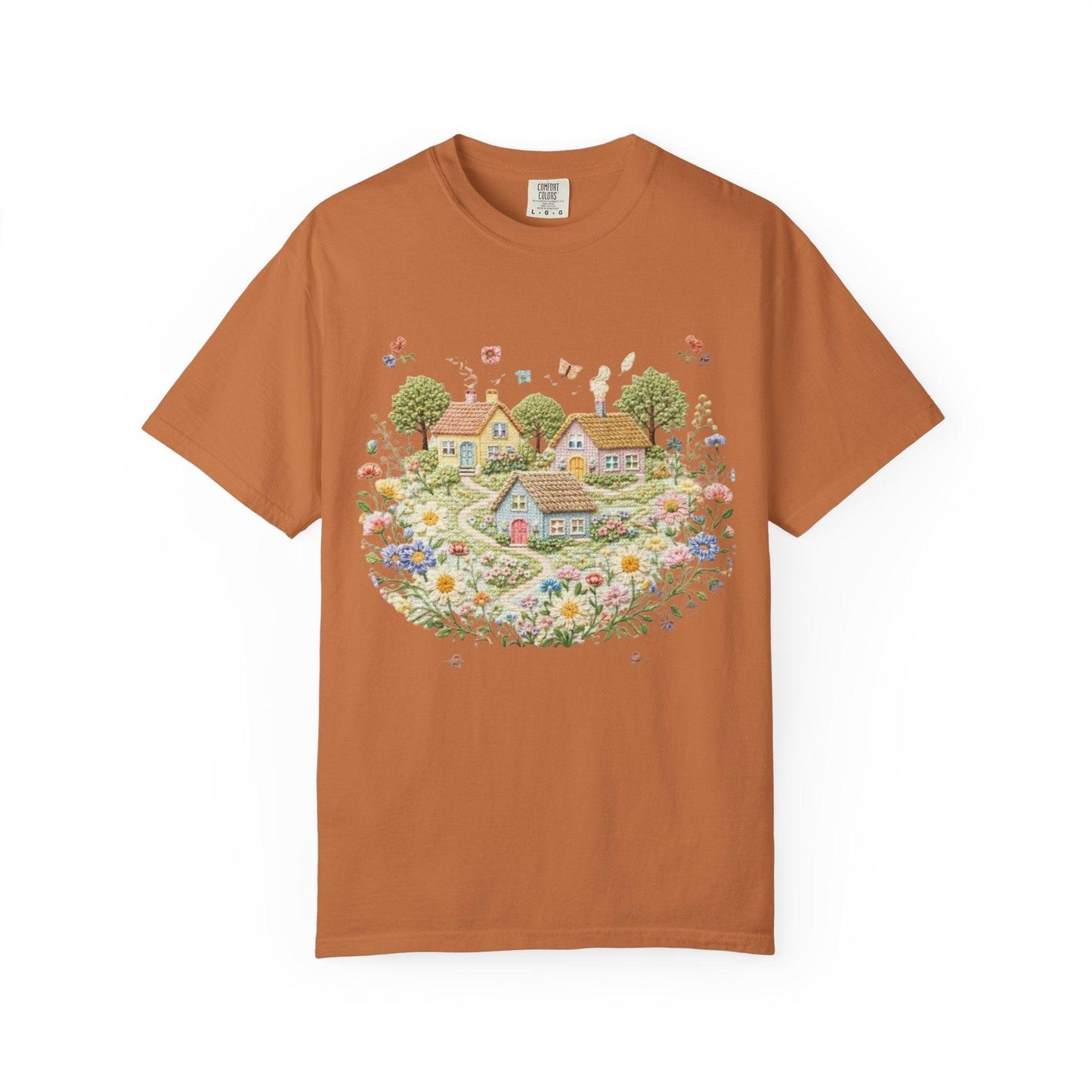 Cottage Garden Landscape T-shirt | Floral Village Illustration