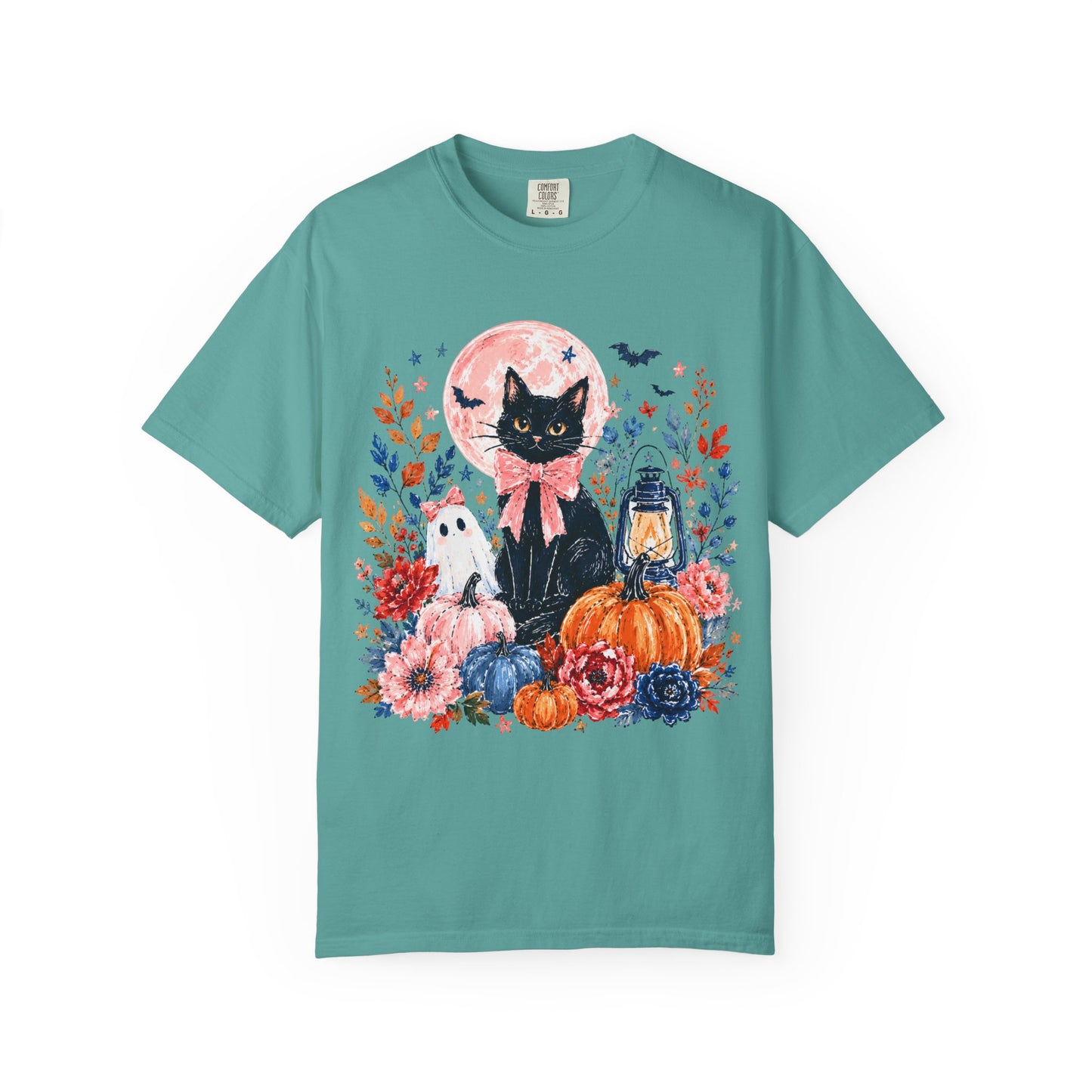Black Cat with Pumpkins T-shirt | Halloween Moon Lantern Floral Design
