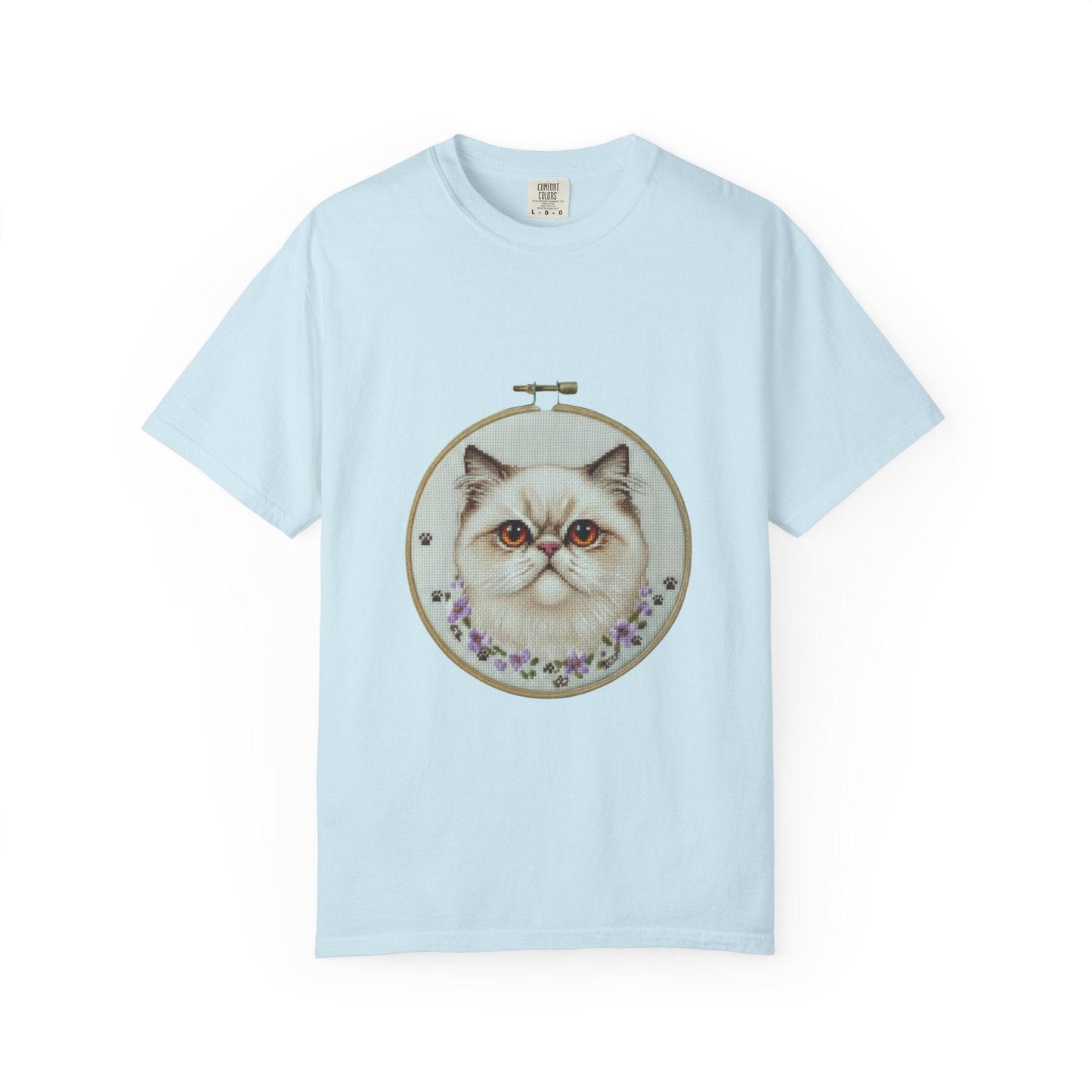 Persian Cat Portrait T-shirt | Embroidery Hoop Floral Illustration