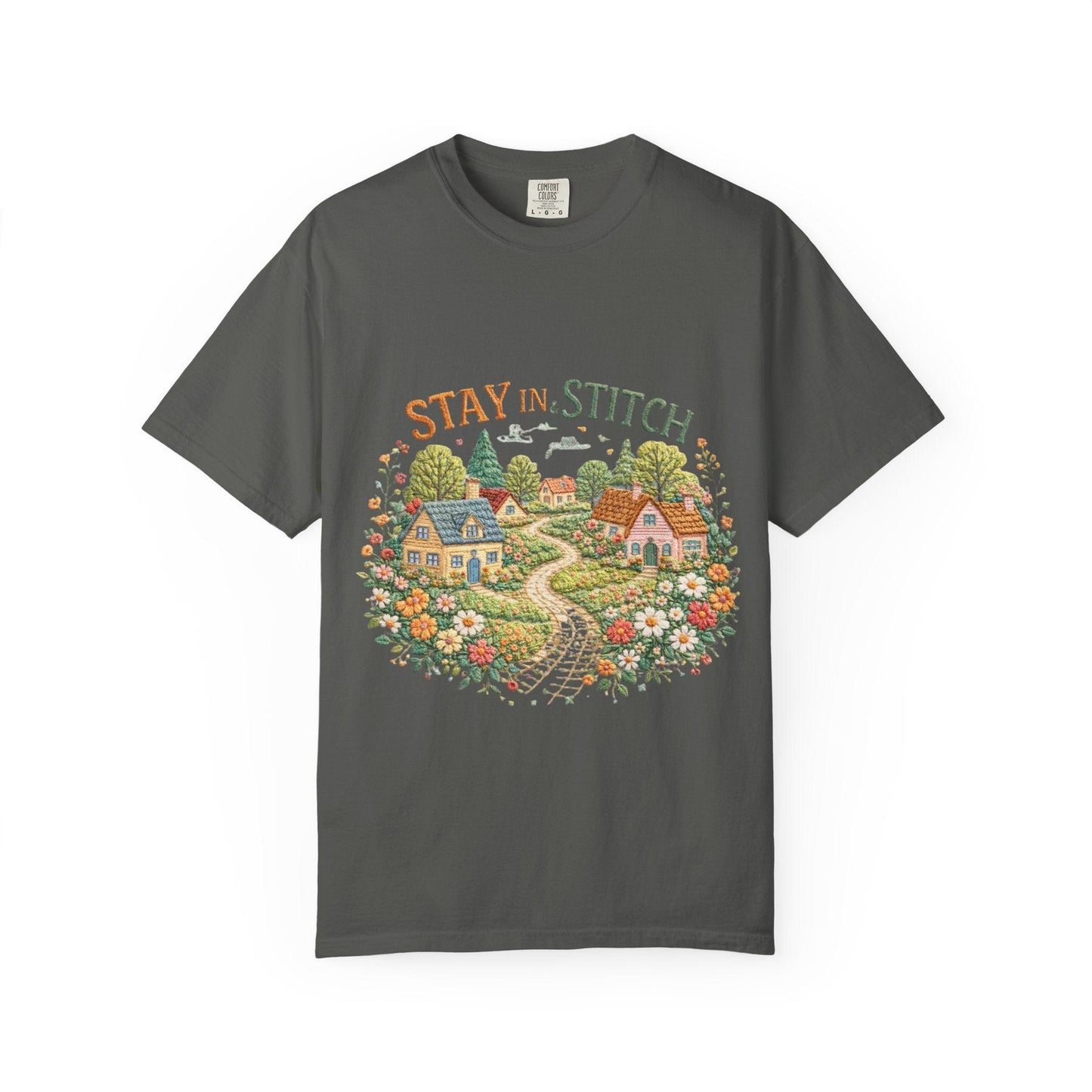 Stay In and Stitch Shirt, Cottagecore Sewing Tee, Grandma Hobbies Top, Vintage Cross Stitch Floral Village