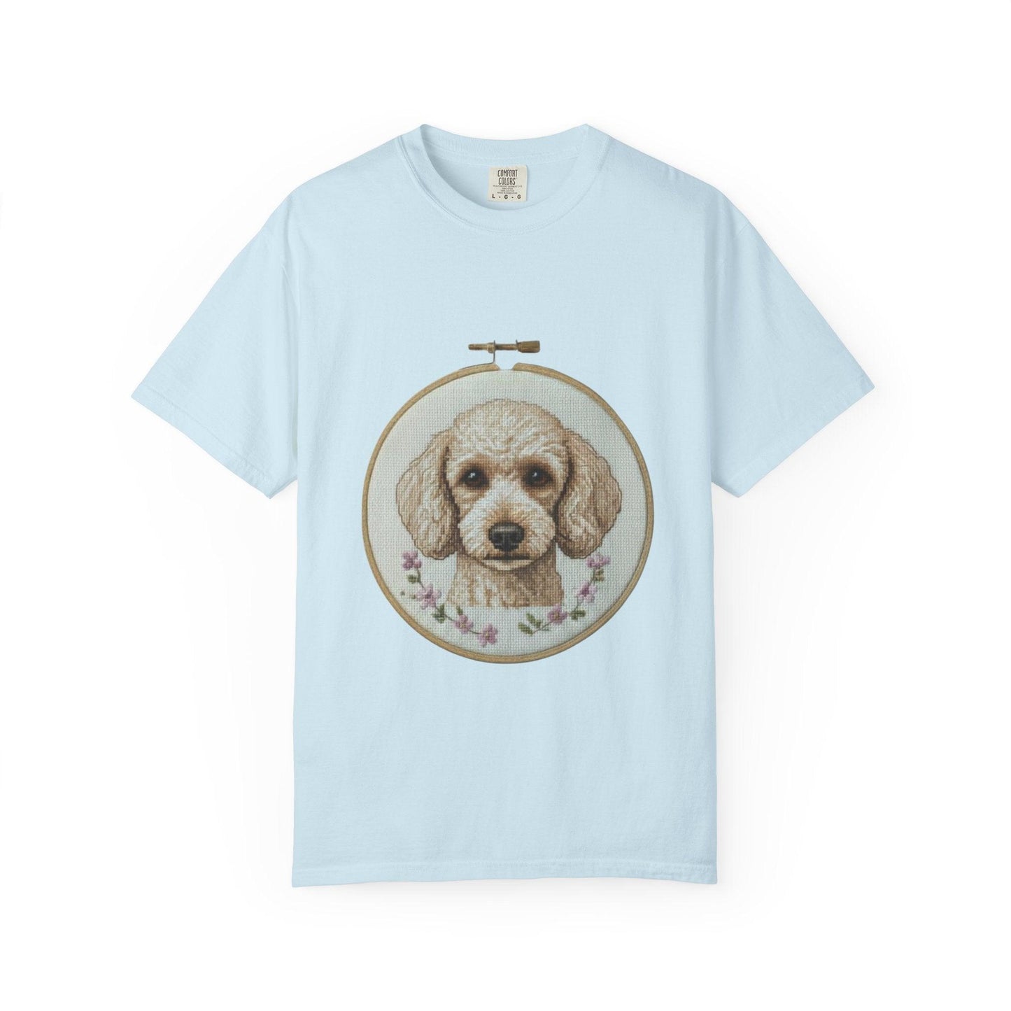 Poodle Portrait Embroidery Hoop Dog Art T-shirt | Hand-Drawn Canine Illustration