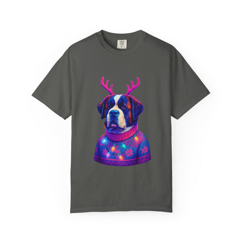 Saint Bernard in Reindeer Antlers T-Shirt | Holiday Dog Sweater Design