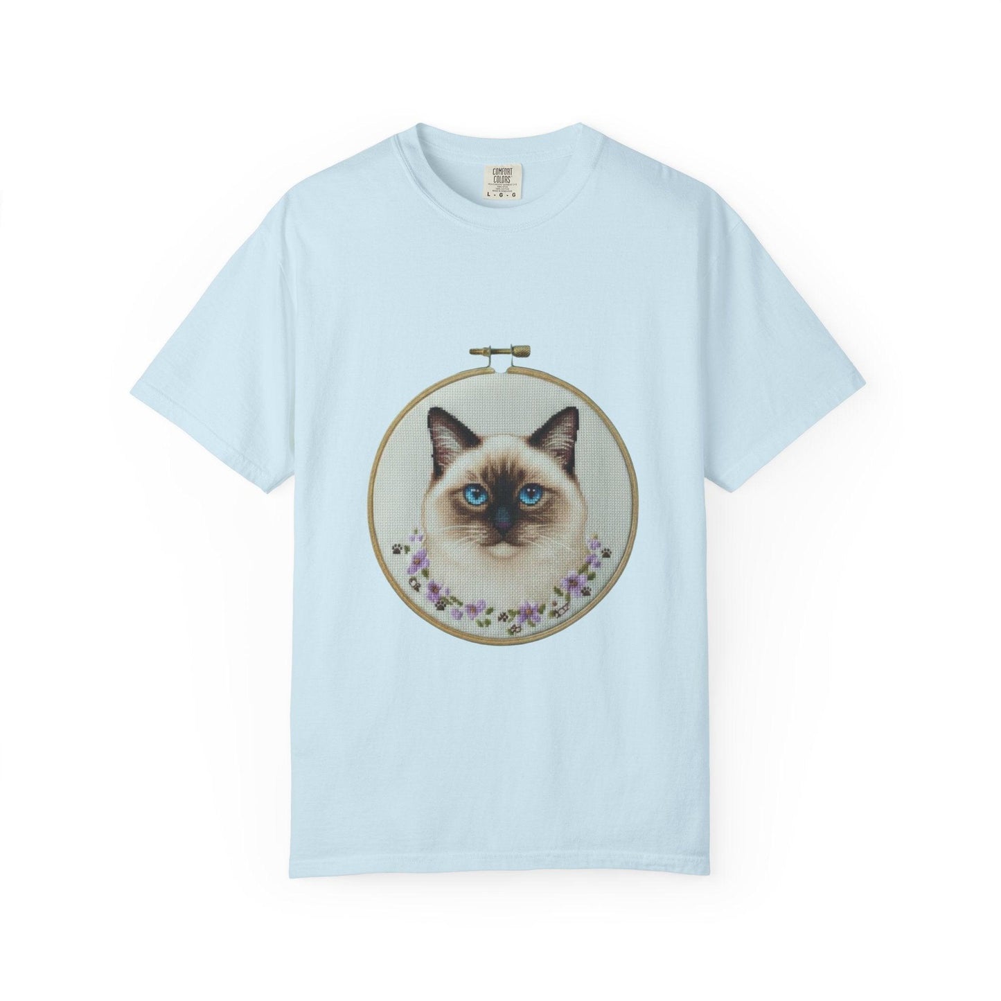 Blue-Eyed Siamese Cat Portrait T-Shirt | Embroidery Hoop Floral Design