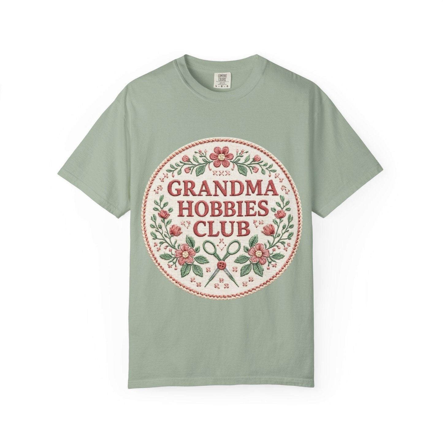 Grandma Hobbies Club T-shirt | Floral Needlework Scissors Embroidery Design