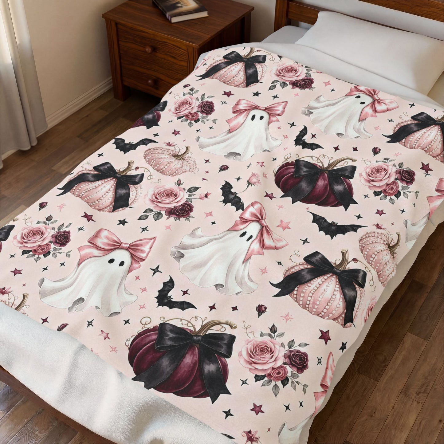Pink Gothic Halloween Ghosts Blanket, Cute Spooky Pumpkin Throw Blanket, Pink Coquette Ghost Blanket, Halloween Bows Cozy Autumn Decor