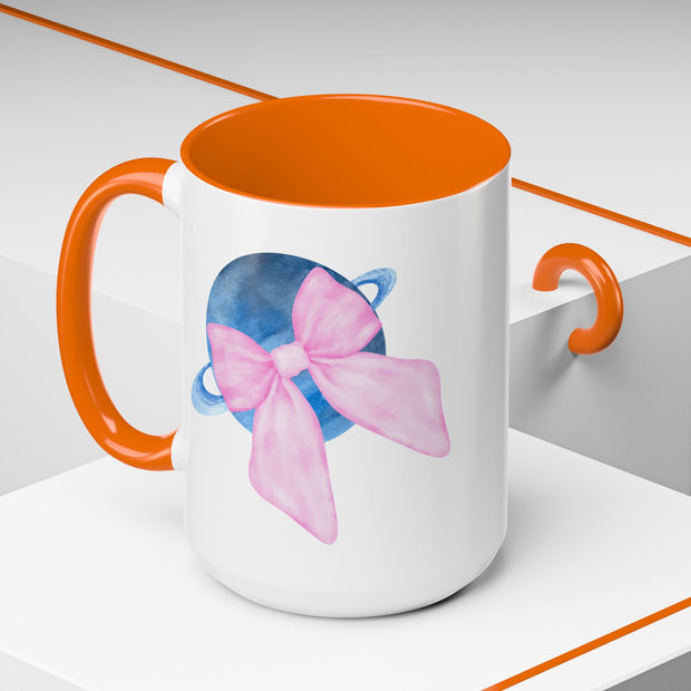 Blue Saturn Wrapped In A Pink Bow Accent Coffee Mug