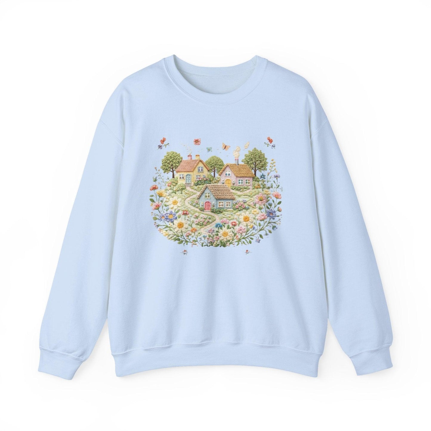 Cottage Garden Illustration Sweatshirt | Floral Village Scene, Cozy Spring