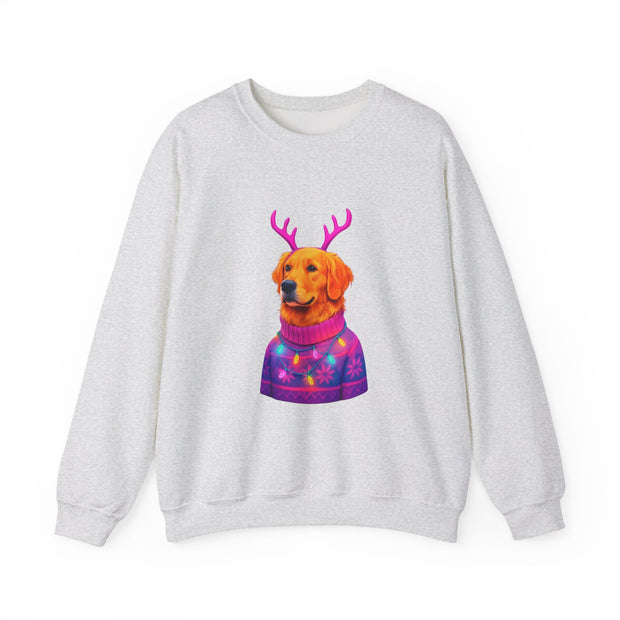 Golden Retriever in Festive Sweater Sweatshirt | Reindeer Antlers Holiday Dog