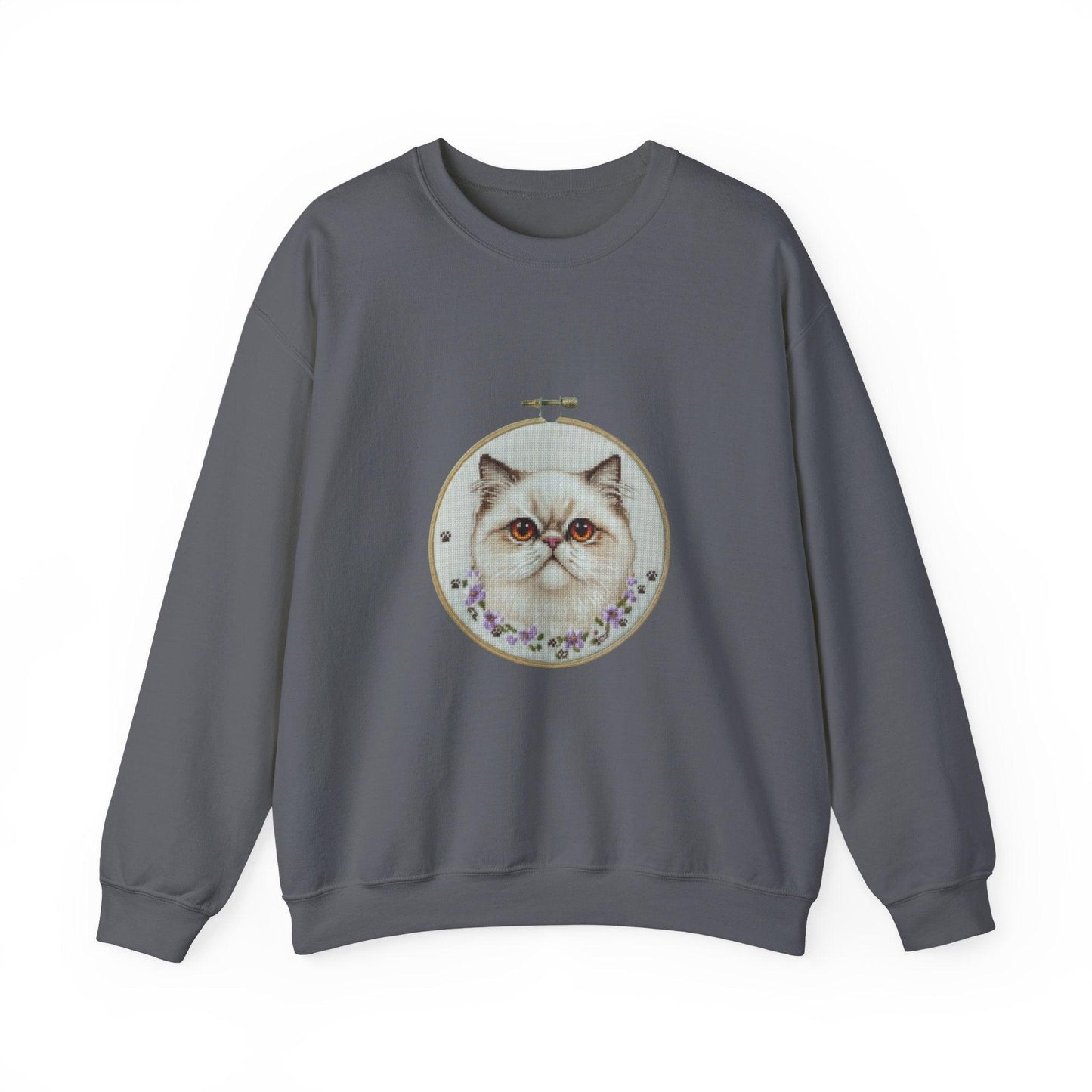 Grumpy Persian Cat Portrait Crewneck sweatshirt | Floral Embroidery Hoop Art