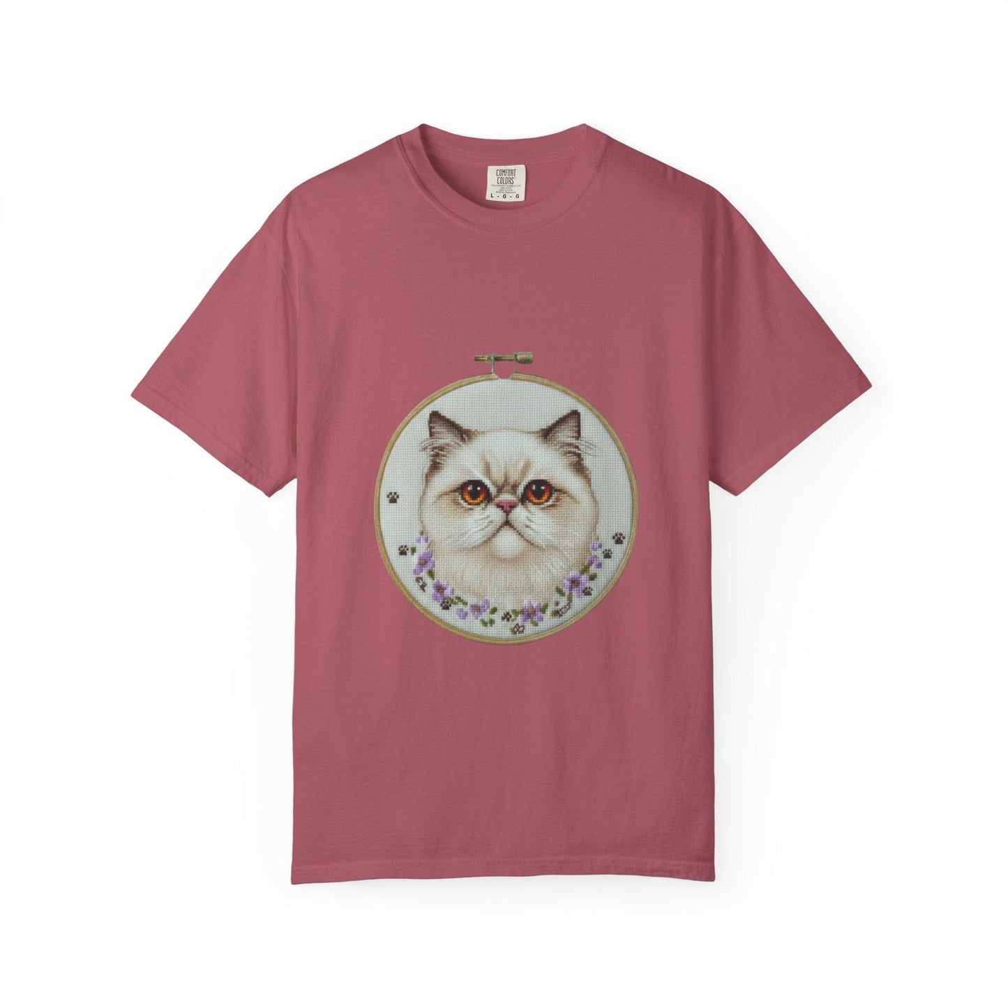 Persian Cat Portrait T-shirt | Embroidery Hoop Floral Illustration
