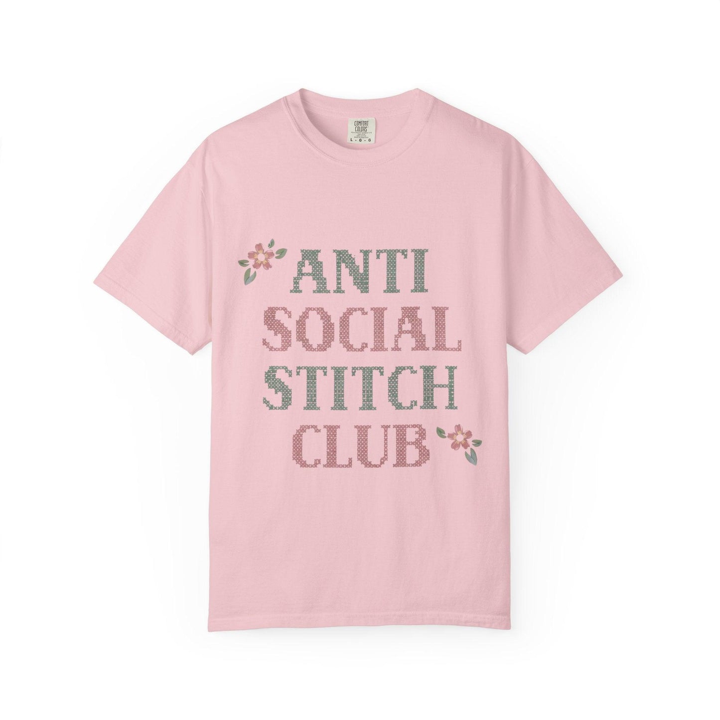 Anti Social Stitch Club T-shirt | Cross Stitch Floral Text Design
